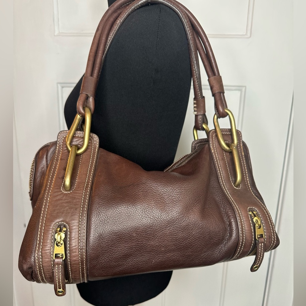 Kate Landry Brown Leather Shoulder Bag with Gold Accents - Picture 2 of 12